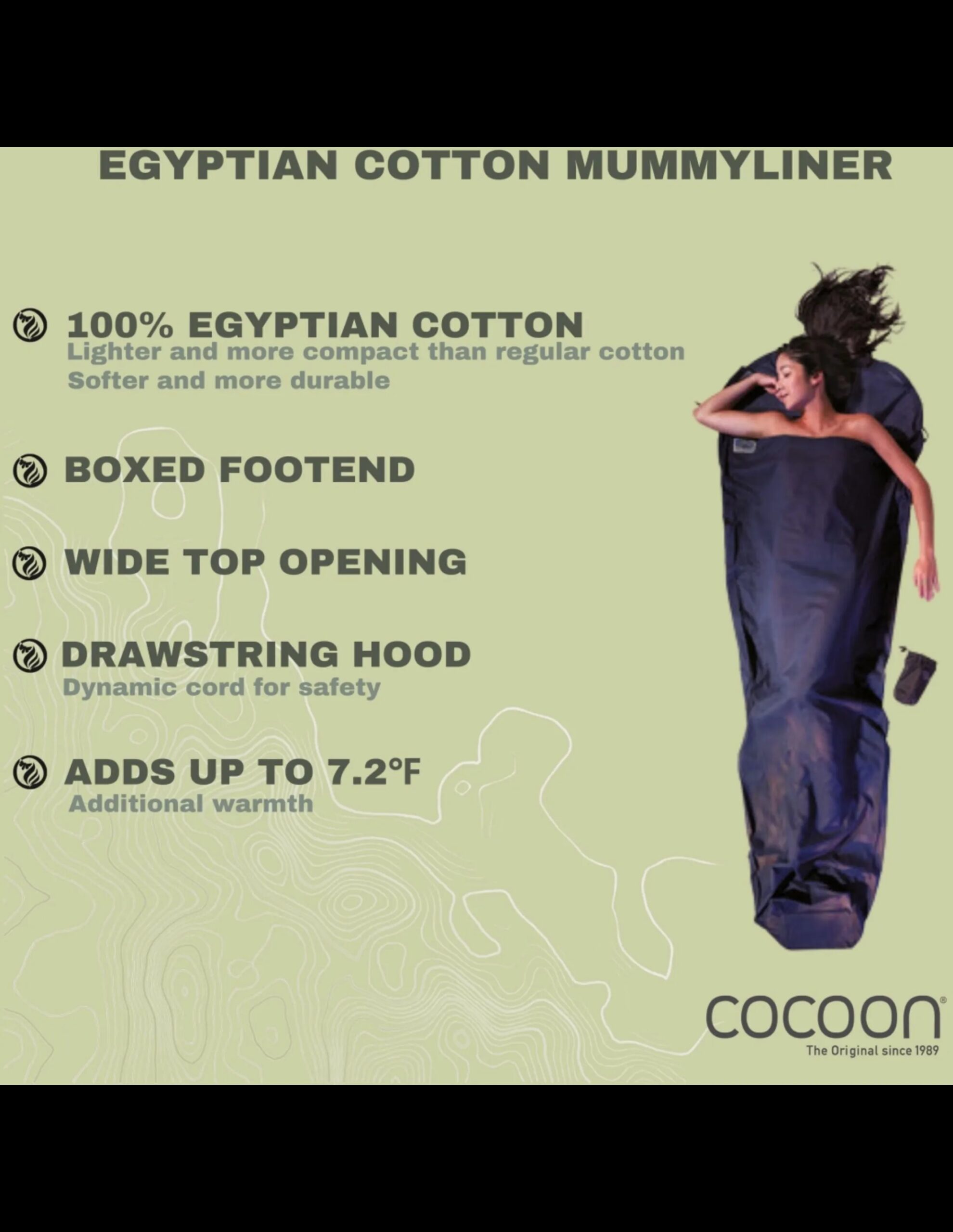 Cocoon Mummy Liner, 100% Egyptian Cotton (Maat – 241 x 90/56 cm, Kleur – Tuareg)