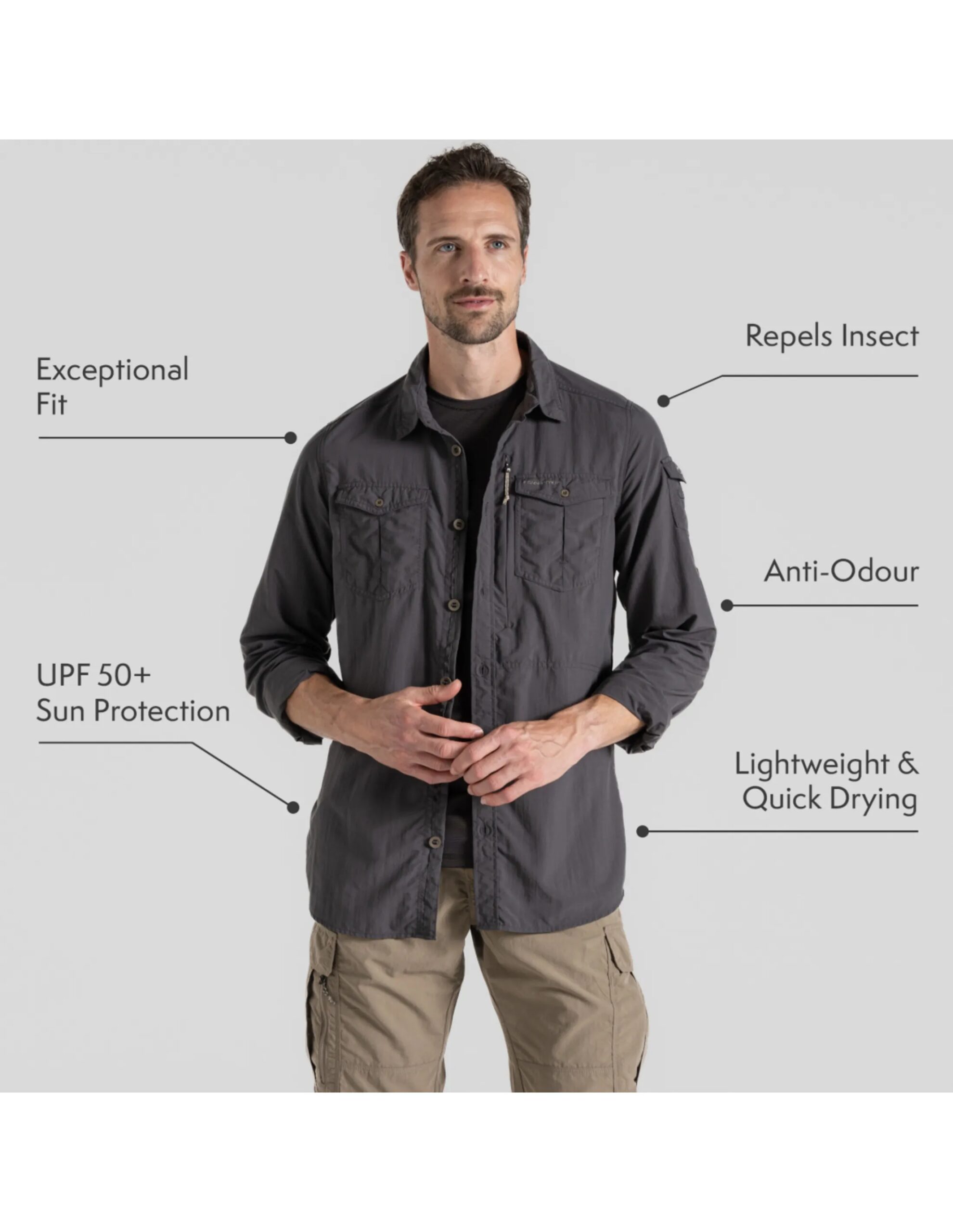 Craghoppers NosiLife Adventure LS Shirt III Heren (Maat – M, Kleur – Black Pepper)