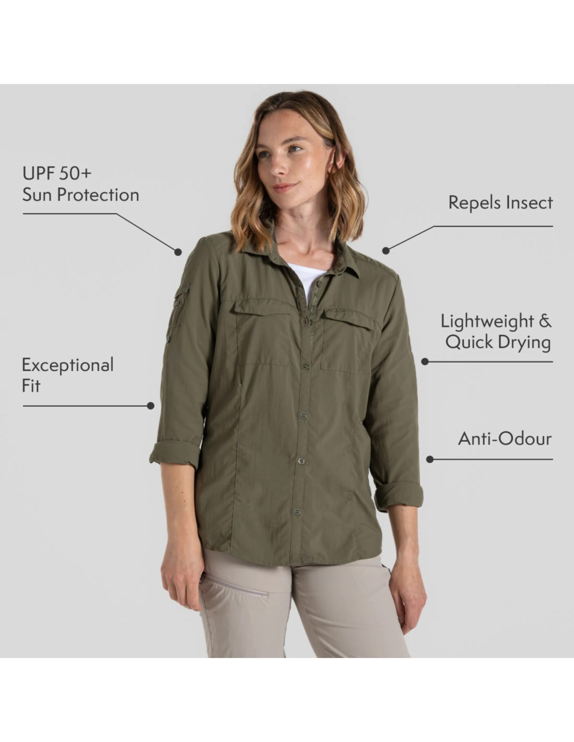 Craghppers NosiLife Adventure LS Shirt III Dames (Maat – 18, Kleur – Wild Olive)